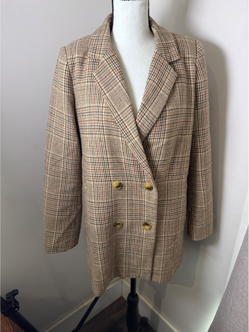 Sage The Label Women's Plaid Double Breasted Blazer Coat Tan Brown Size Small